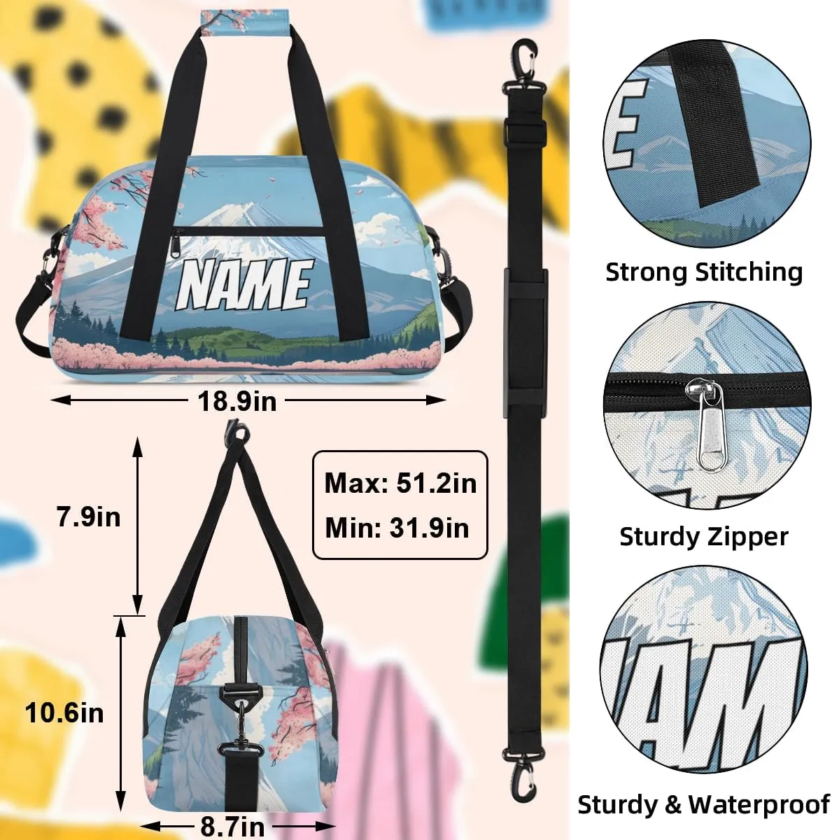 Personalized Custom Gym Bag for Women Men Carry on Snowy Mountain Travel Duffel Tote Flowering Cherry Overnight Workout Weekender Bag