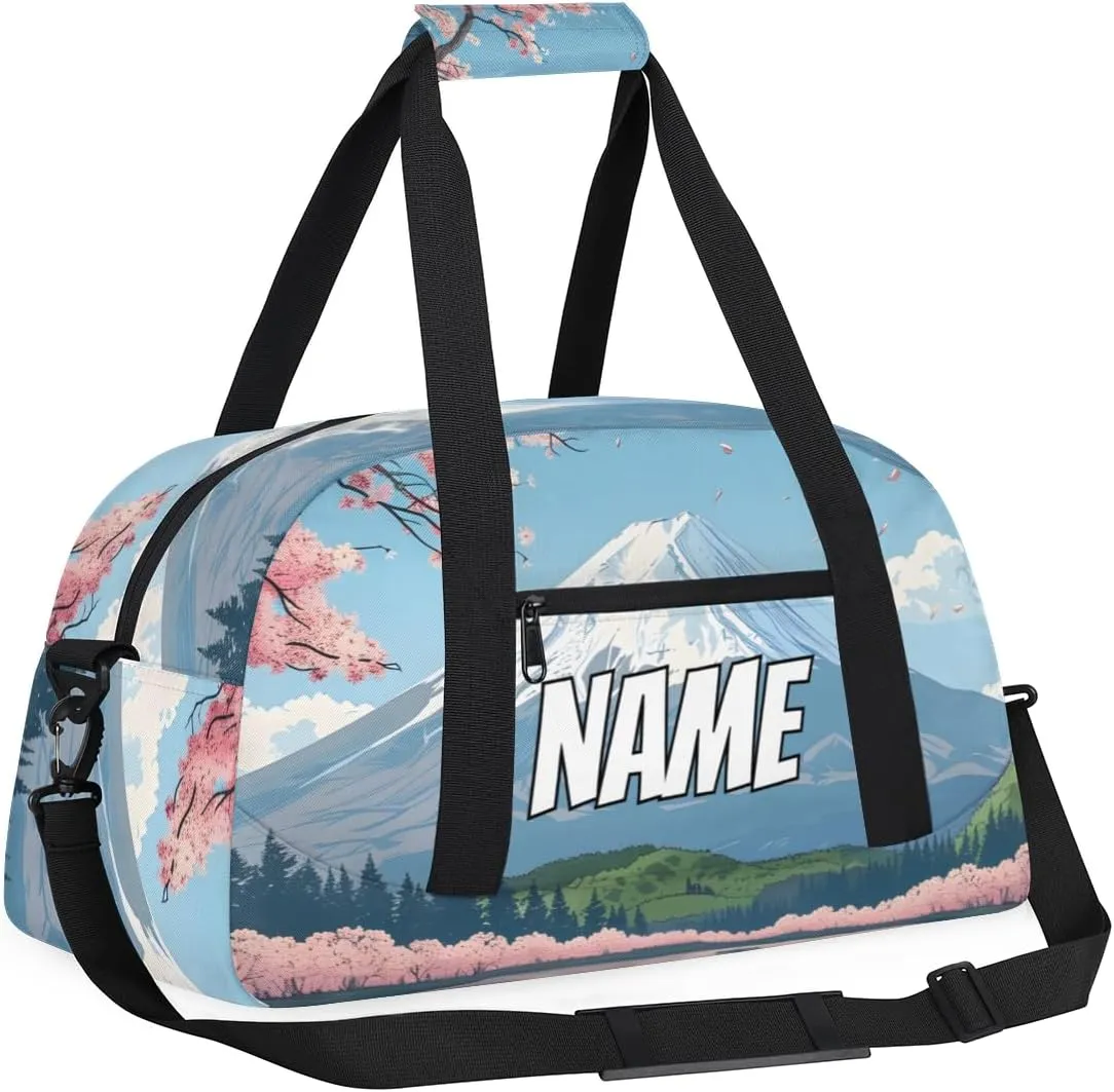 Personalized Custom Gym Bag for Women Men Carry on Snowy Mountain Travel Duffel Tote Flowering Cherry Overnight Workout Weekender Bag