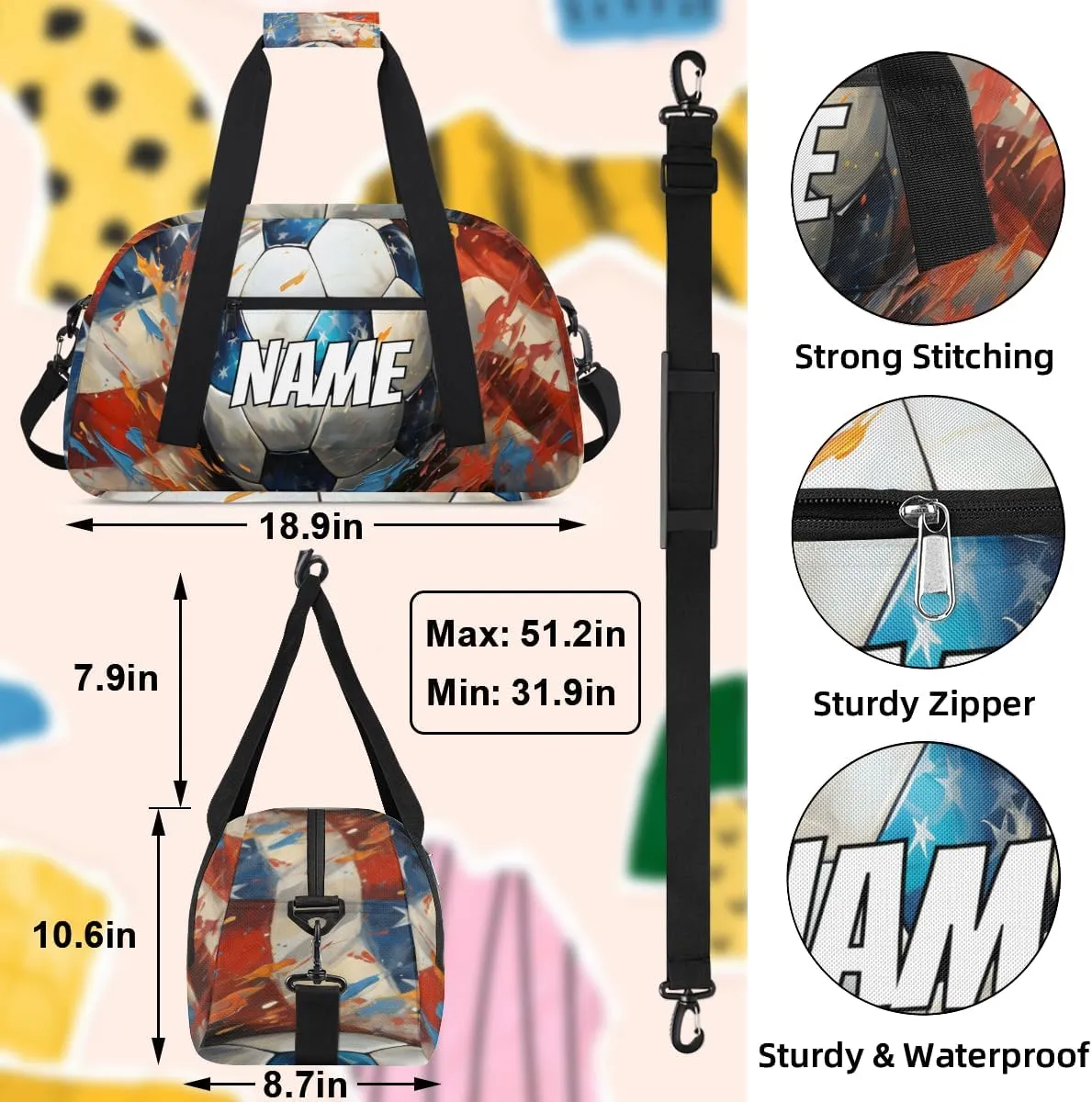 Personalized Custom Gym Bag for Women Men Carry on Soccer Games Travel Duffel Tote American Flag Overnight Workout Weekender Bag