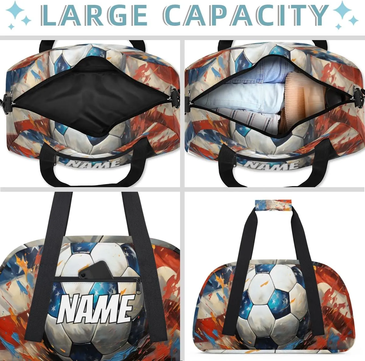 Personalized Custom Gym Bag for Women Men Carry on Soccer Games Travel Duffel Tote American Flag Overnight Workout Weekender Bag