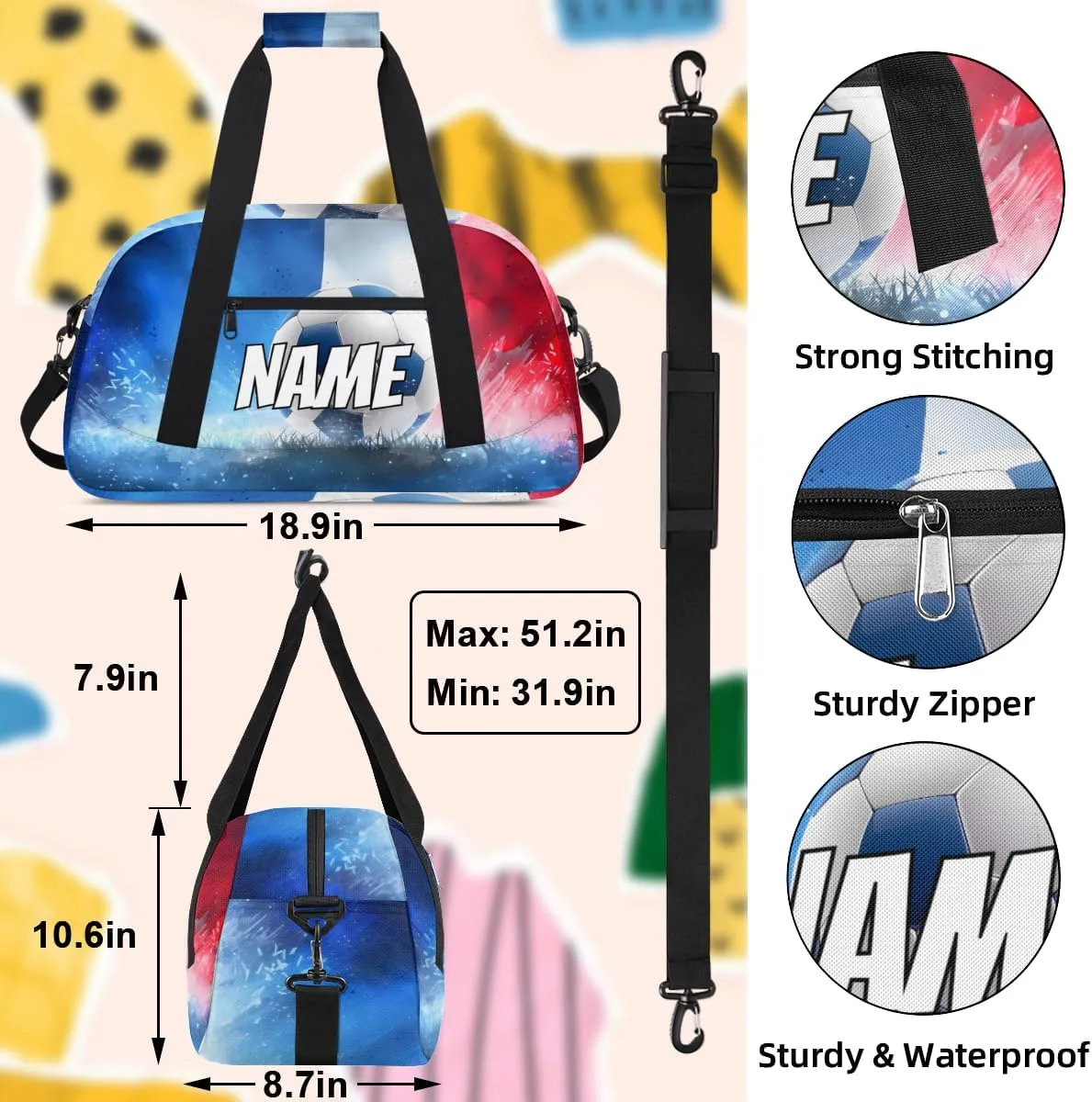 Personalized Custom Gym Bag for Women Men Carry on Sport Soccer Travel Duffel Tote Red Blue Overnight Workout Weekender Bag