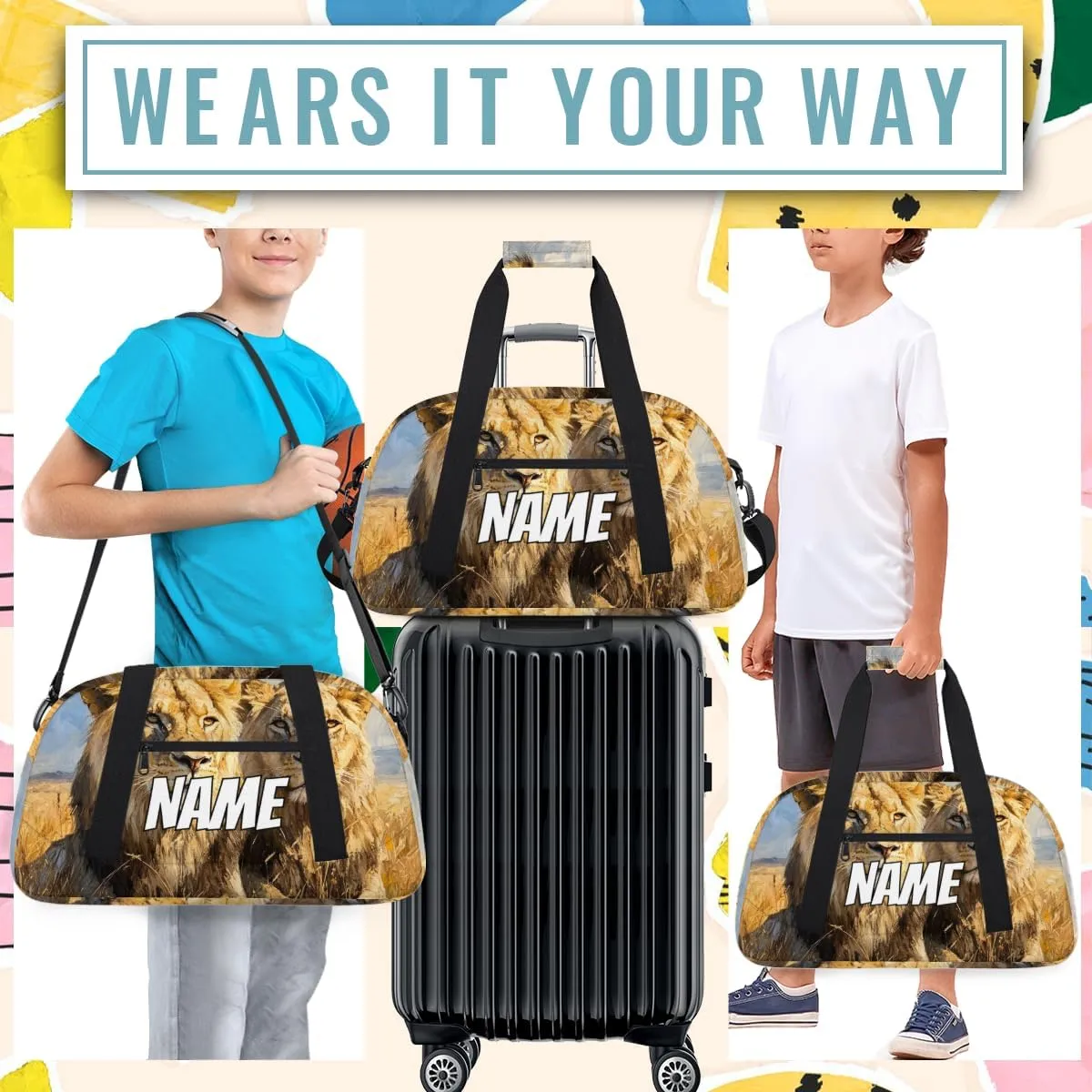 Personalized Custom Gym Bag for Women Men Carry on Wildlife Lion Travel Duffel Tote Tropical African Overnight Workout Weekender Bag