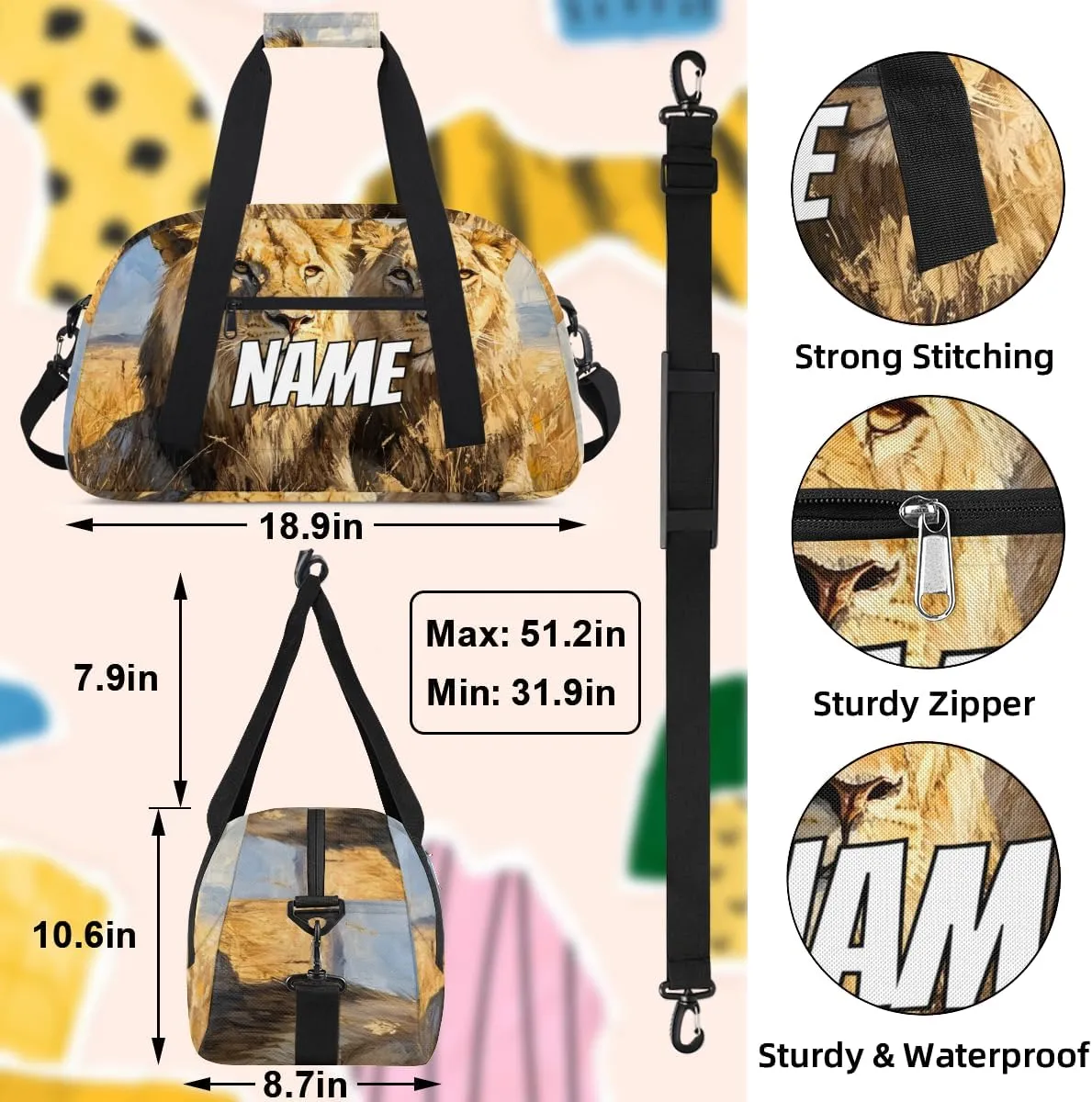 Personalized Custom Gym Bag for Women Men Carry on Wildlife Lion Travel Duffel Tote Tropical African Overnight Workout Weekender Bag