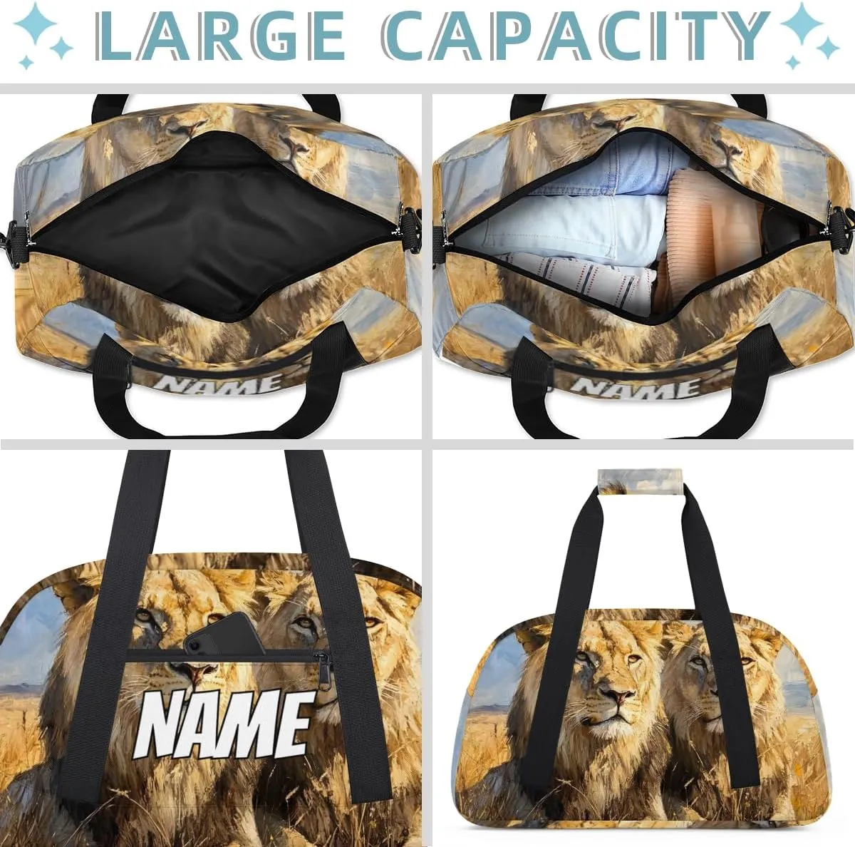 Personalized Custom Gym Bag for Women Men Carry on Wildlife Lion Travel Duffel Tote Tropical African Overnight Workout Weekender Bag