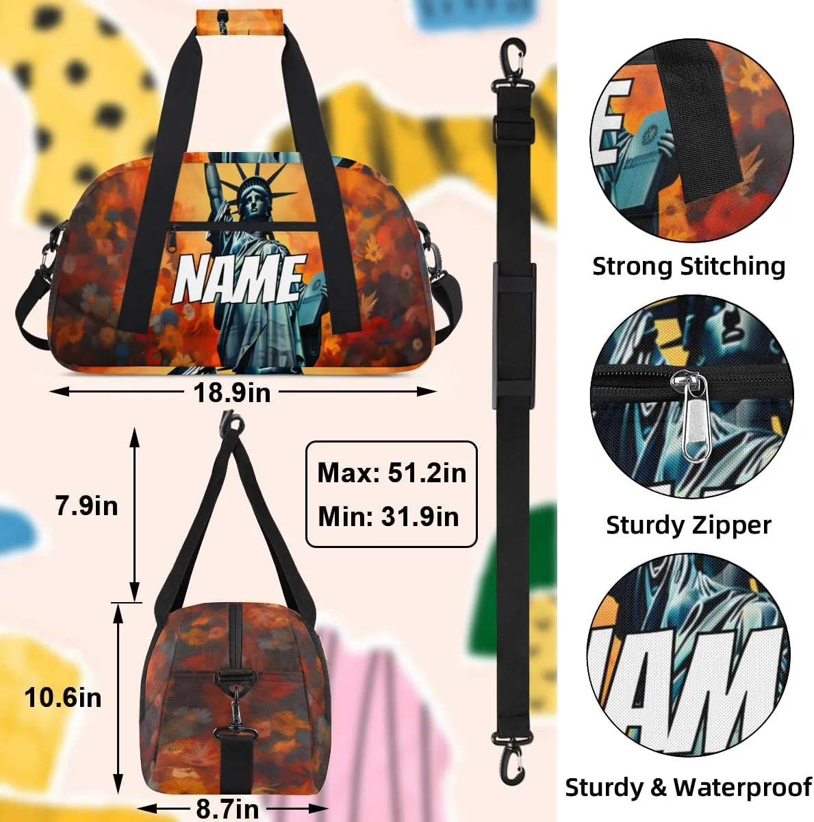 Personalized Custom Gym Bag for Women Men Carry on Winged Victory Travel Duffel Tote American Statue Overnight Workout Weekender Bag