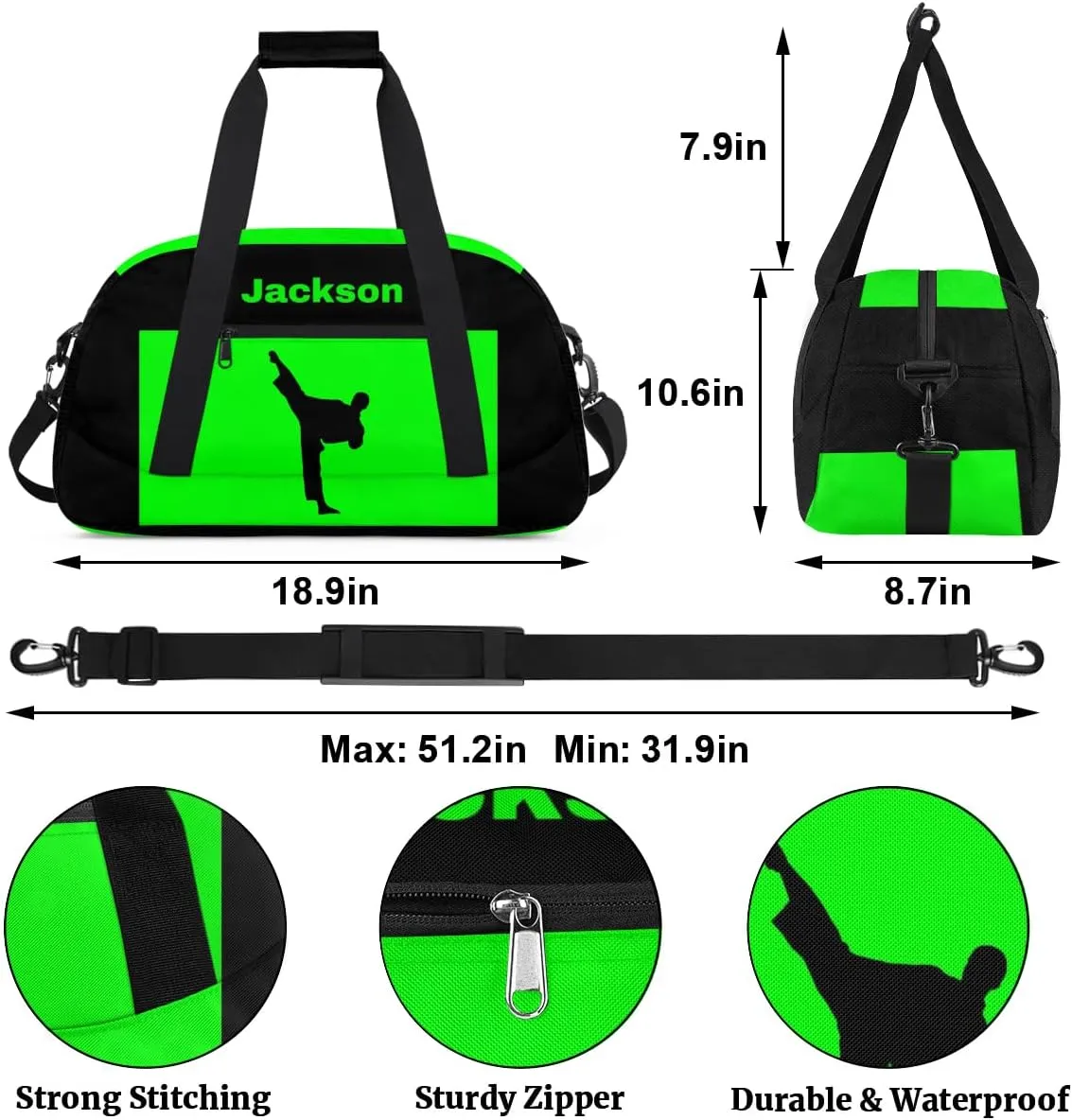 Personalized Custom Kids Duffel Bags for Boys Teen Girls, Customized Sports Gym Bag Travel Duffle Bag, Overnight Weekender Sleepover Bag, Martial Arts Taekwondo Green Section 32