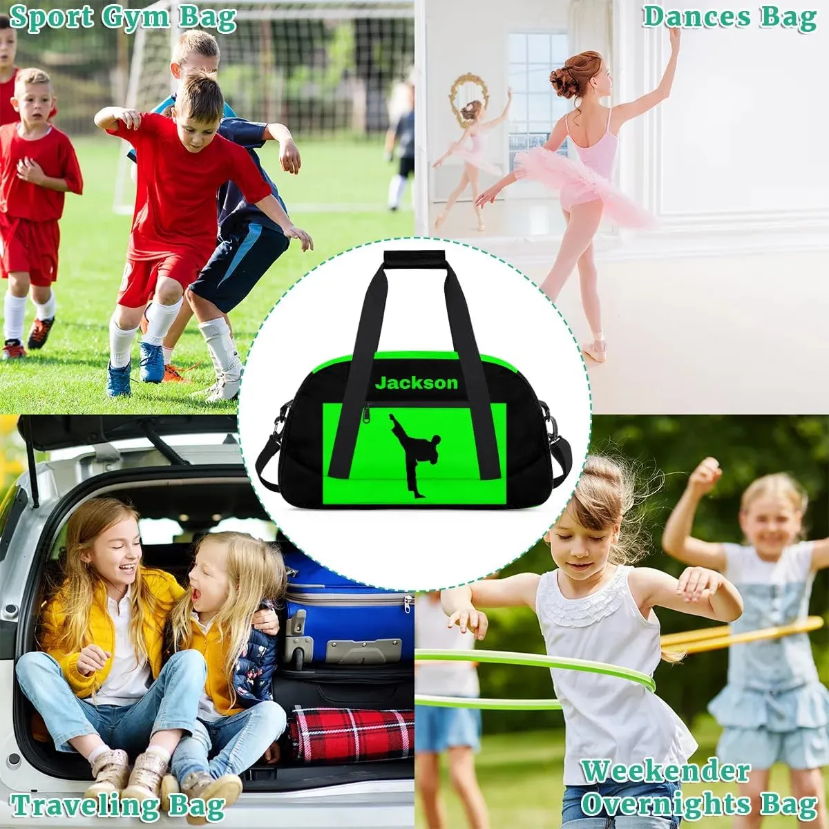 Personalized Custom Kids Duffel Bags for Boys Teen Girls, Customized Sports Gym Bag Travel Duffle Bag, Overnight Weekender Sleepover Bag, Martial Arts Taekwondo Green Section 32