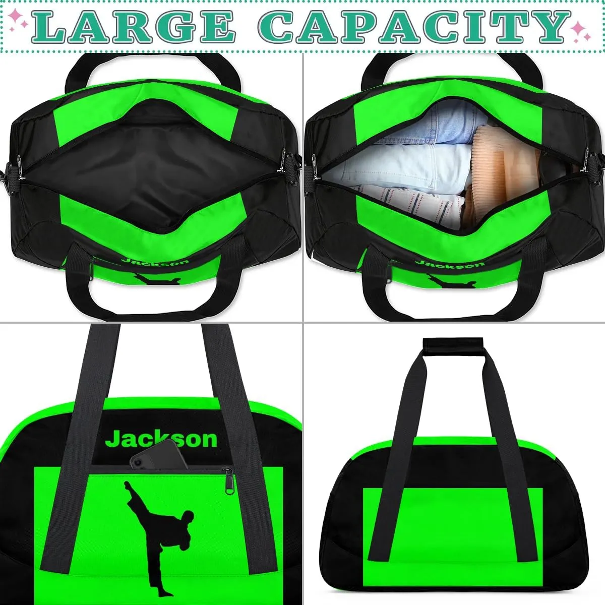 Personalized Custom Kids Duffel Bags for Boys Teen Girls, Customized Sports Gym Bag Travel Duffle Bag, Overnight Weekender Sleepover Bag, Martial Arts Taekwondo Green Section 32