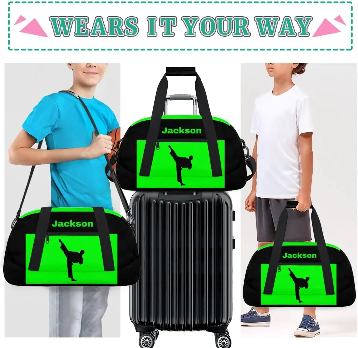 Personalized Custom Kids Duffel Bags for Boys Teen Girls, Customized Sports Gym Bag Travel Duffle Bag, Overnight Weekender Sleepover Bag, Martial Arts Taekwondo Green Section 32