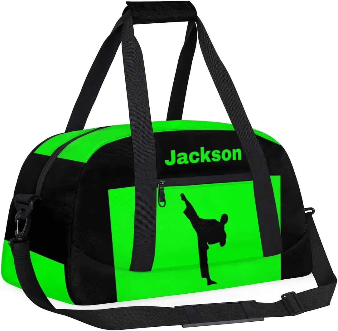 Personalized Custom Kids Duffel Bags for Boys Teen Girls, Customized Sports Gym Bag Travel Duffle Bag, Overnight Weekender Sleepover Bag, Martial Arts Taekwondo Green Section 32