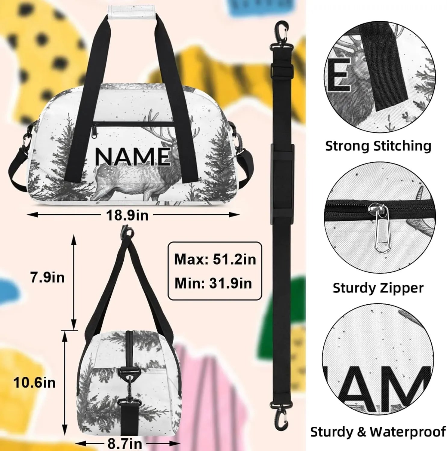 Personalized Custom Nature Forest Elk Gym Bag for Women Men Carry on Travel Duffel Tote Misty Forest Overnight Workout Weekender Bag