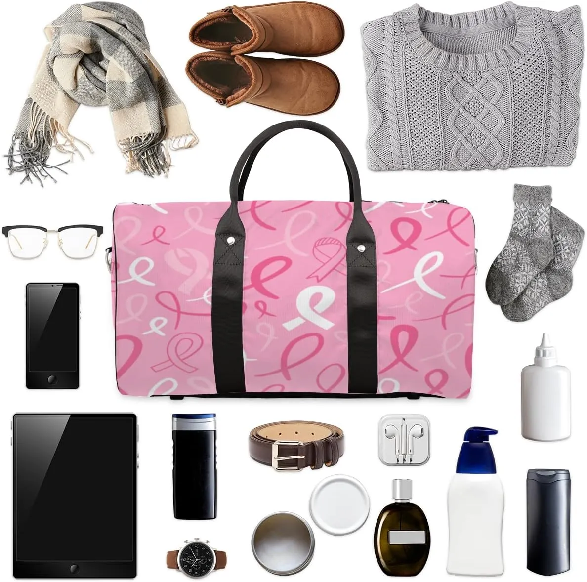 Personalized Custom Travel Duffel Bag, Sports Gym Bag Duffle Bags, Foldable Dance Bag Weekender Overnight Bag Carry On Tote Bag Luggage Handbag for Men Women, Breast Cancer Awareness Pink Ribbon