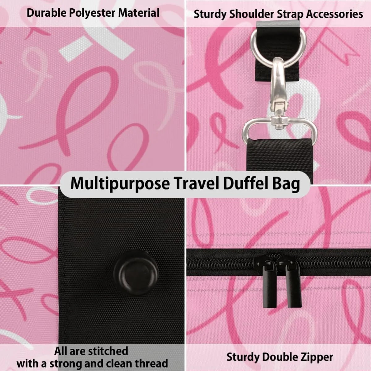 Personalized Custom Travel Duffel Bag, Sports Gym Bag Duffle Bags, Foldable Dance Bag Weekender Overnight Bag Carry On Tote Bag Luggage Handbag for Men Women, Breast Cancer Awareness Pink Ribbon