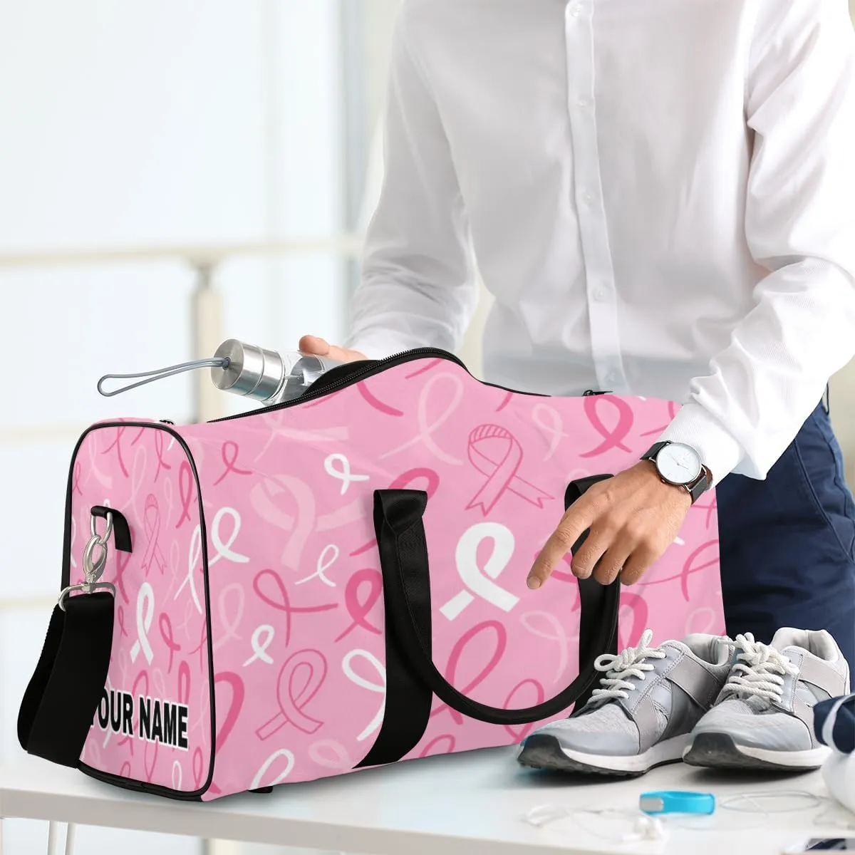 Personalized Custom Travel Duffel Bag, Sports Gym Bag Duffle Bags, Foldable Dance Bag Weekender Overnight Bag Carry On Tote Bag Luggage Handbag for Men Women, Breast Cancer Awareness Pink Ribbon