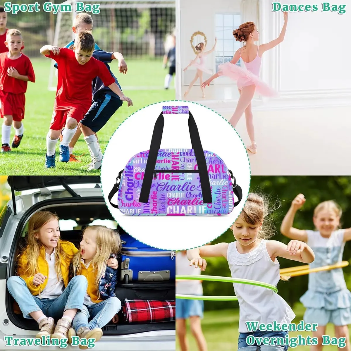 Personalized Dance Bag Duffel Bag for Girl, Custom Gym Bag Sport Duffel Bag, Ballet Bag Gymnastics Bag Cheerleader Weekender Bags Travel Bag for Kids Purple White Text Name