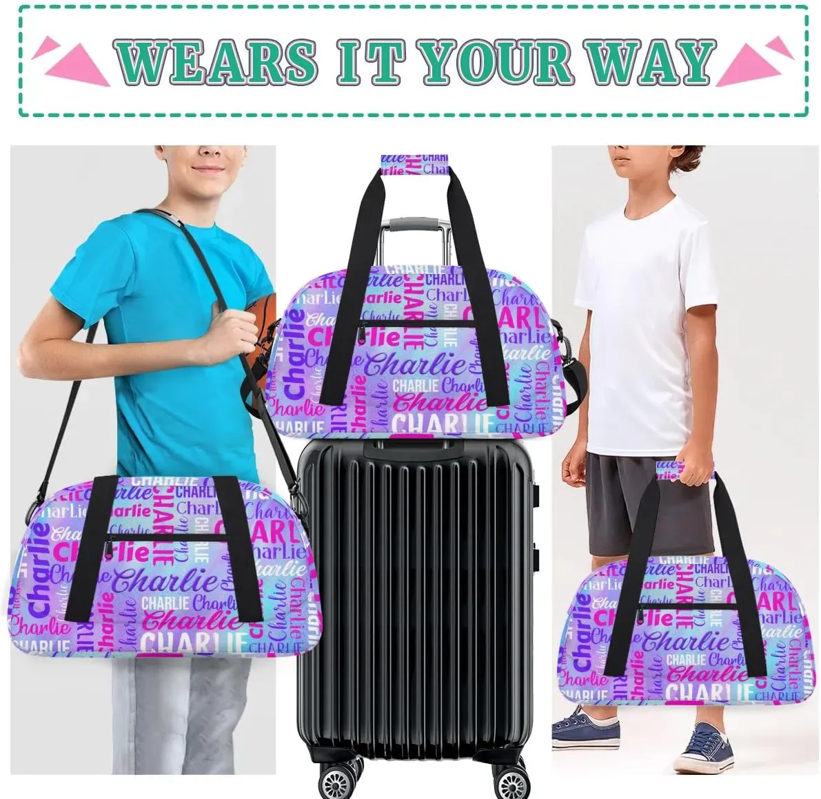 Personalized Dance Bag Duffel Bag for Girl, Custom Gym Bag Sport Duffel Bag, Ballet Bag Gymnastics Bag Cheerleader Weekender Bags Travel Bag for Kids Purple White Text Name
