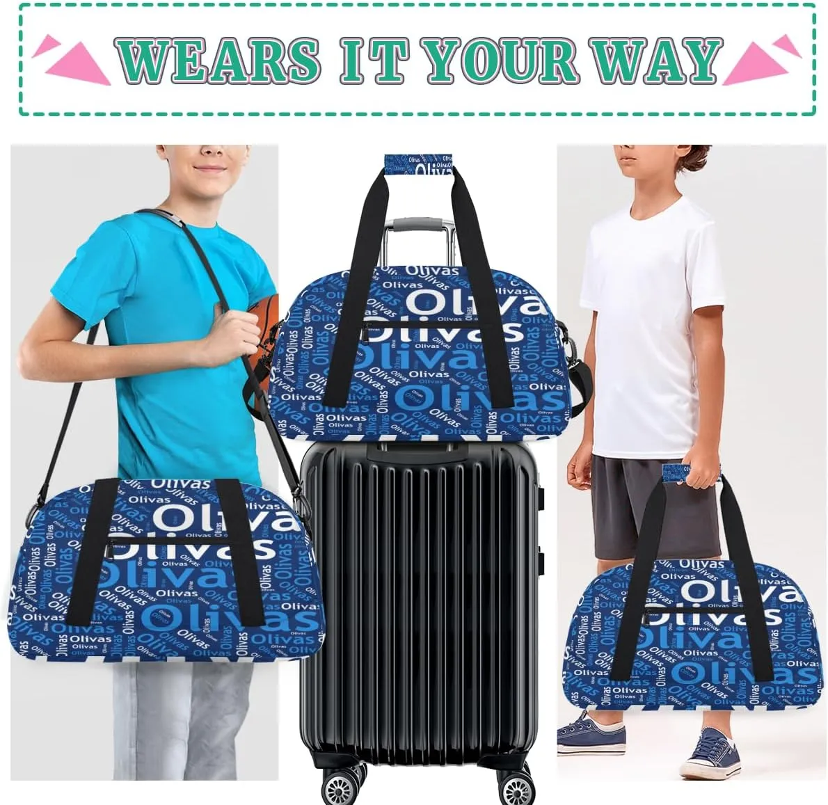 Personalized Dance Bag Gymnastics Bag for Girl, Custom Sport Duffel Bag for Boy, Kids Gym Bag Weekender Bags for Travel Sport Text Blue White