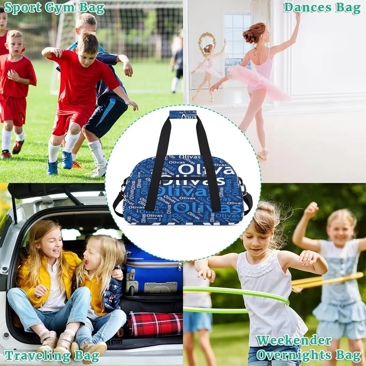 Personalized Dance Bag Gymnastics Bag for Girl, Custom Sport Duffel Bag for Boy, Kids Gym Bag Weekender Bags for Travel Sport Text Blue White