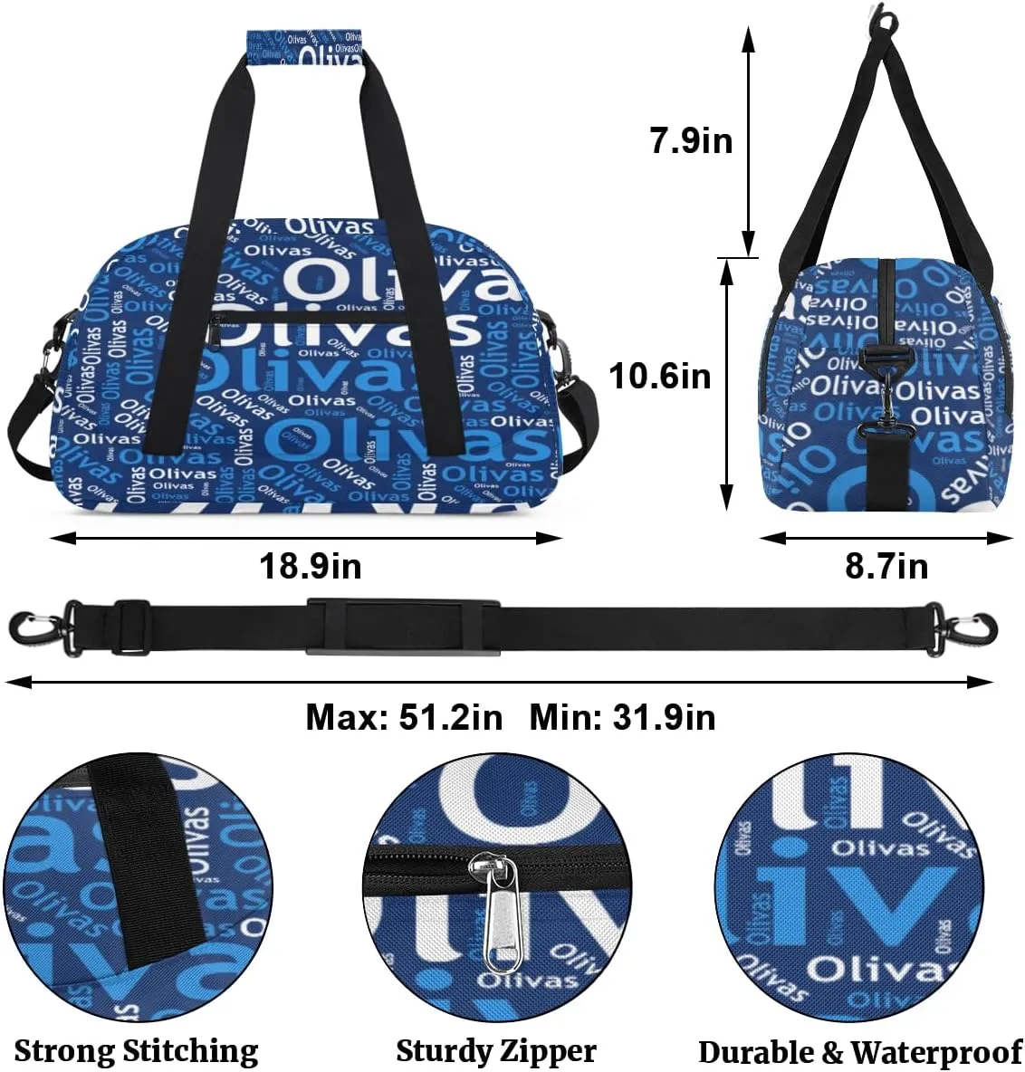 Personalized Dance Bag Gymnastics Bag for Girl, Custom Sport Duffel Bag for Boy, Kids Gym Bag Weekender Bags for Travel Sport Text Blue White