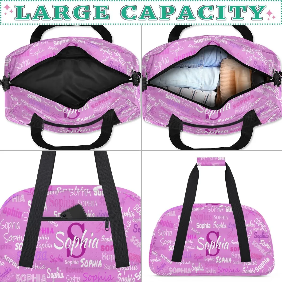 Personalized Dance Bag with Name, Sport Duffel Gym Ballet Bag Weekender Bags Cheerleader Bag Travel Duffel Bag, Violet Pink