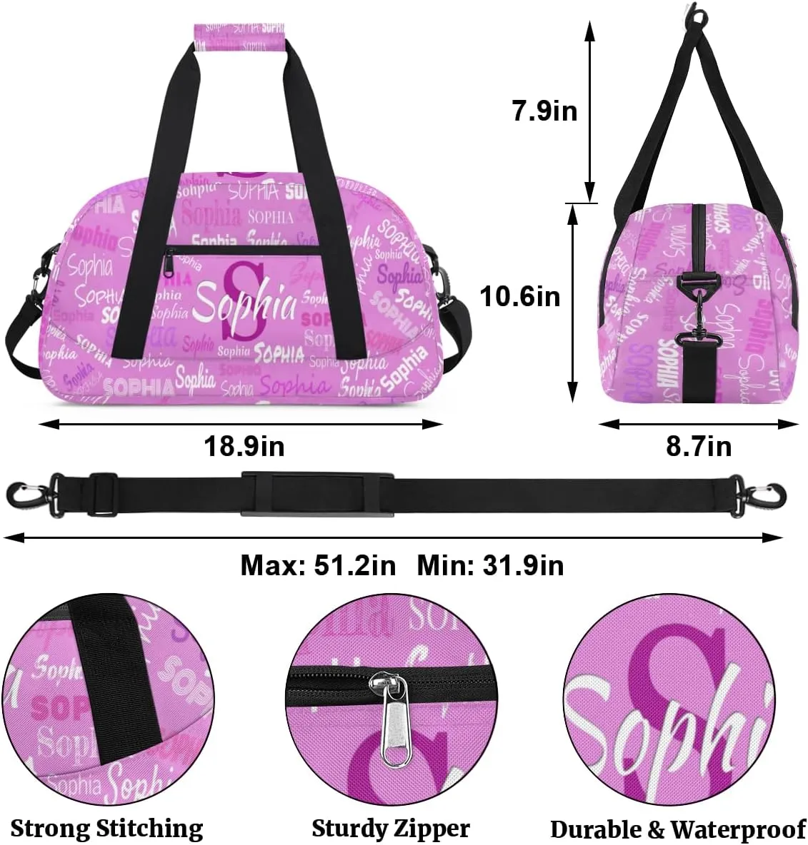 Personalized Dance Bag with Name, Sport Duffel Gym Ballet Bag Weekender Bags Cheerleader Bag Travel Duffel Bag, Violet Pink
