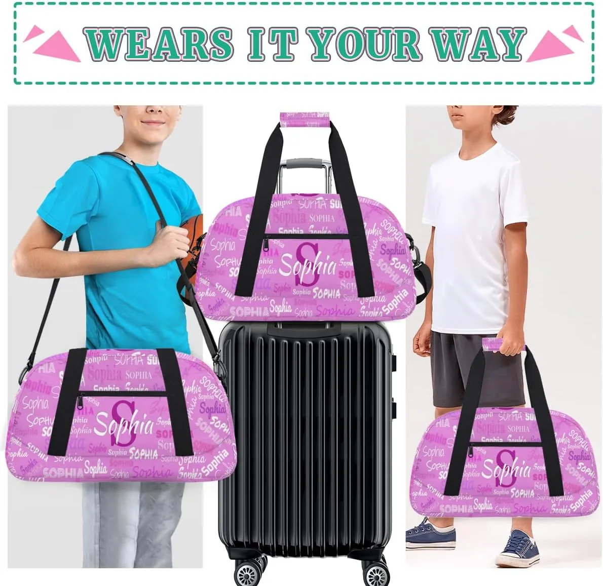 Personalized Dance Bag with Name, Sport Duffel Gym Ballet Bag Weekender Bags Cheerleader Bag Travel Duffel Bag, Violet Pink