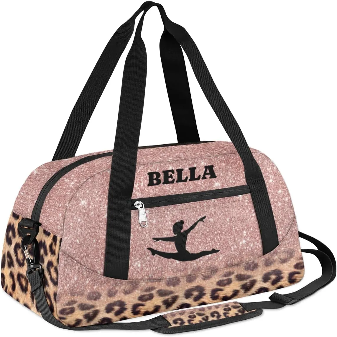 Personalized Dance Gym Bag for Girl, Custom Sport Weekender Travel Duffel Bag - Rose Leopard Gymnastics