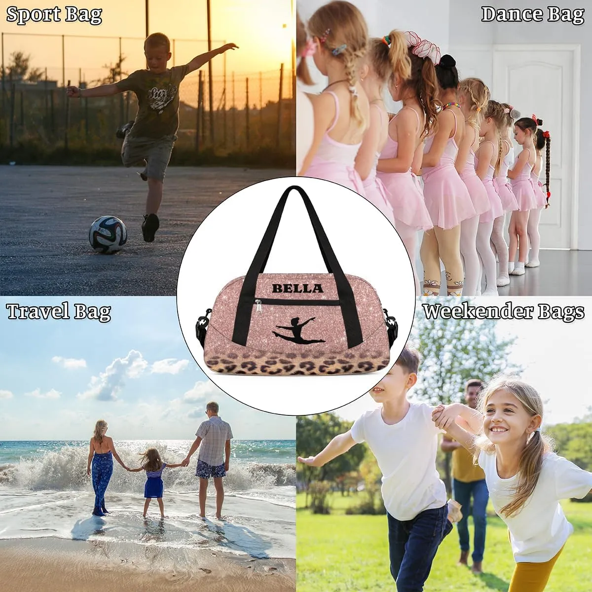 Personalized Dance Gym Bag for Girl, Custom Sport Weekender Travel Duffel Bag - Rose Leopard Gymnastics