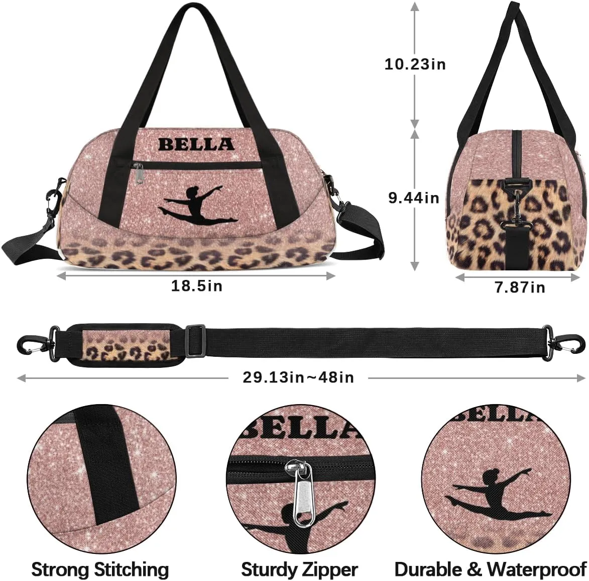 Personalized Dance Gym Bag for Girl, Custom Sport Weekender Travel Duffel Bag - Rose Leopard Gymnastics