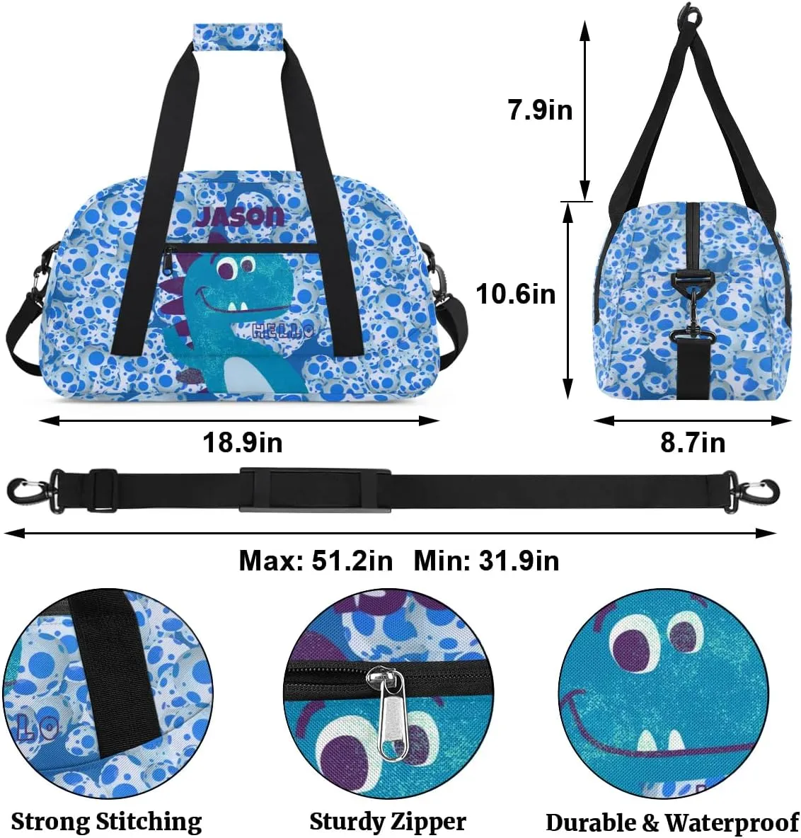 Personalized Duffel Bag for Kids Girls Boys, Dinosaur Custom Name Gym Bag Overnight with Padded Handles Carry On Weekend Sports Travel Bag for School Practice Gymnastics Ballet