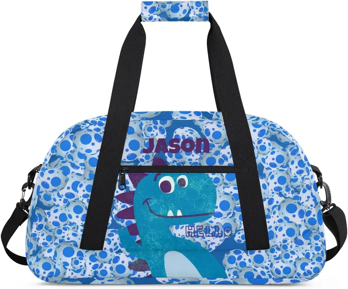 Personalized Duffel Bag for Kids Girls Boys, Dinosaur Custom Name Gym Bag Overnight with Padded Handles Carry On Weekend Sports Travel Bag for School Practice Gymnastics Ballet