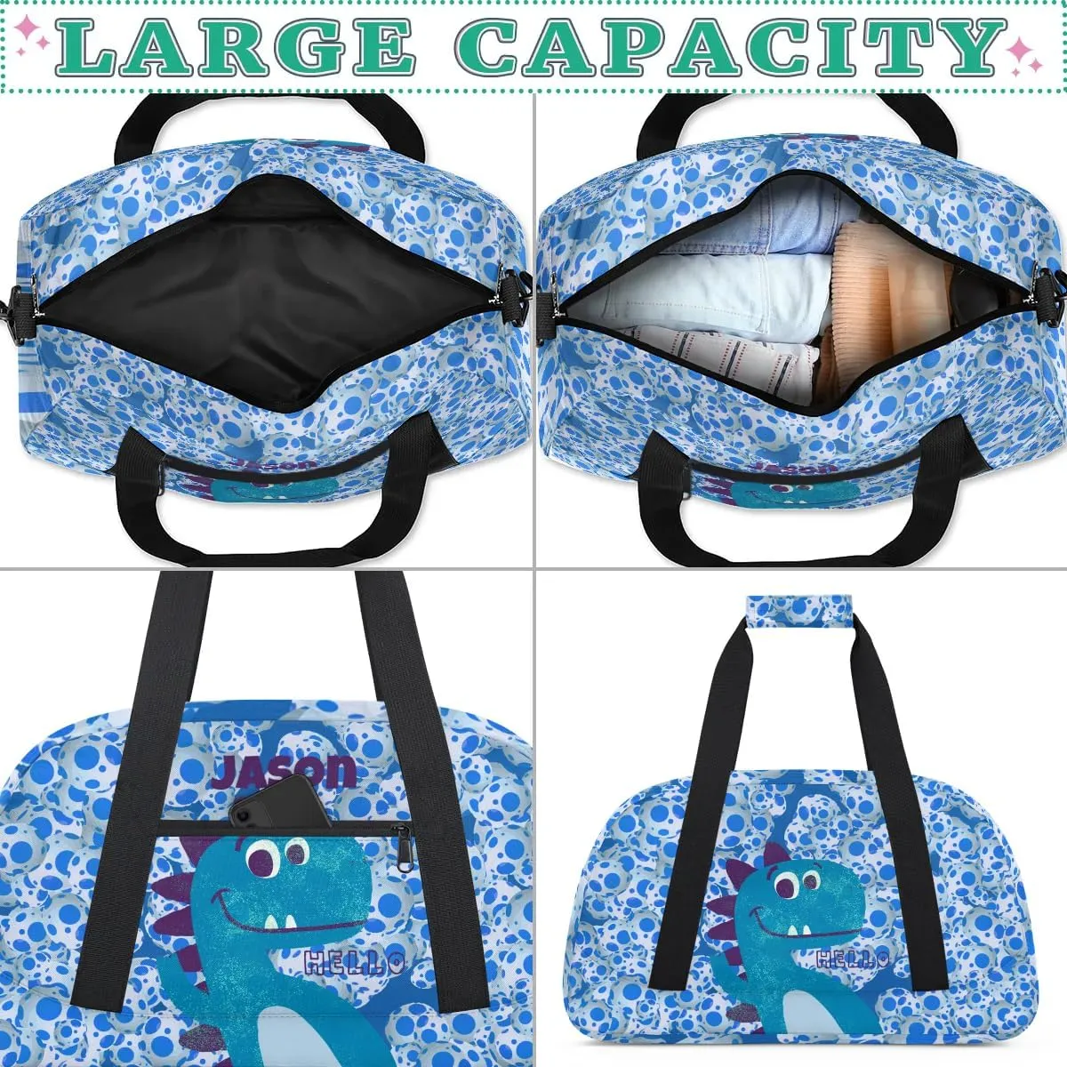Personalized Duffel Bag for Kids Girls Boys, Dinosaur Custom Name Gym Bag Overnight with Padded Handles Carry On Weekend Sports Travel Bag for School Practice Gymnastics Ballet