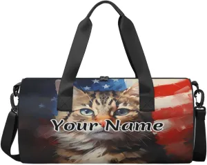 Personalized Duffel Bag for Women, Custom 4th of July Cat Gym Bag for Sports, Waterproof Dance Bag with Name, Lightweight Carryon Gym Bag, American Flag