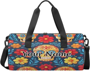 Personalized Duffel Bag for Women, Custom Gothic Sugar Skull Gym Bag for Sports, Waterproof Dance Bag with Name, Lightweight Carryon Gym Bag, Skeleton Goth Retro Spooky Flower