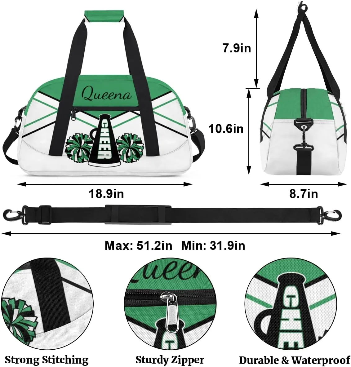 Personalized Gym Bag Duffel Bag for Girls, Custom Cheerleader Bag Overnight Bags for Gymnastics Travel Weekender Practice Cheering Horn