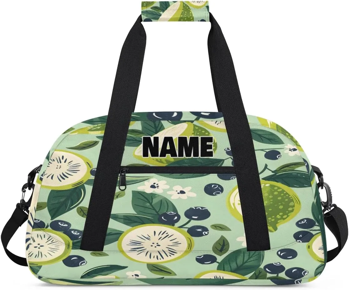 Personalized Gym Dance Bag with Name, Fruit Lime Blueberries Green Leaf Custom Cheerleading Duffel Bag Travel Weekender Overnight Carry On Sleepover Bag