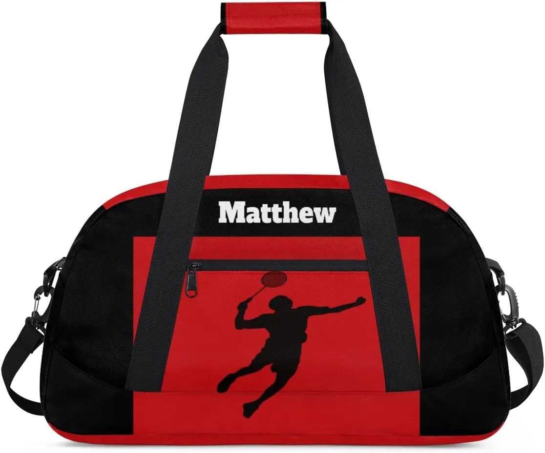 Personalized Gym Sports Bag for Boys, Custom Sport Gym Taekwondo Silhouette Cheerleading Duffel Bag Weekender Fitness Bags Travel Duffel Bag, Black Red, Badminton