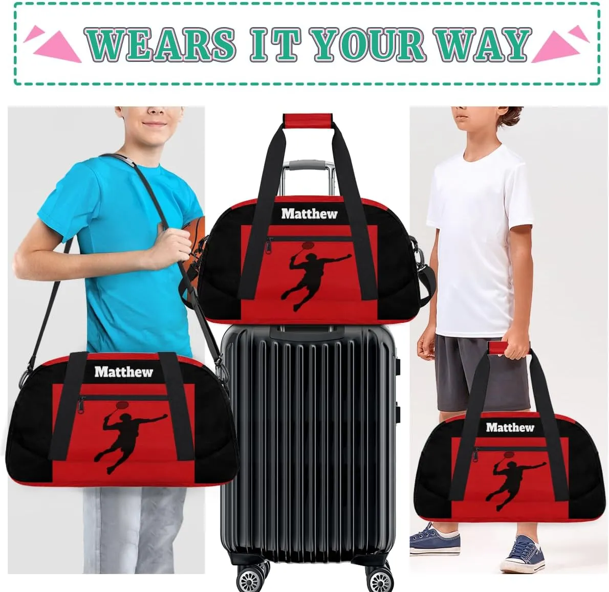Personalized Gym Sports Bag for Boys, Custom Sport Gym Taekwondo Silhouette Cheerleading Duffel Bag Weekender Fitness Bags Travel Duffel Bag, Black Red, Badminton