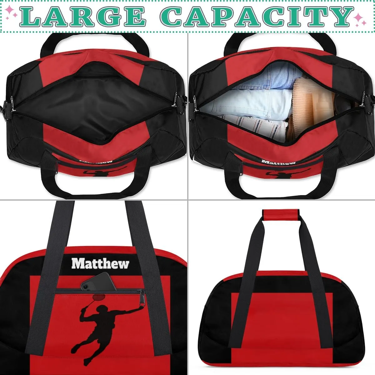Personalized Gym Sports Bag for Boys, Custom Sport Gym Taekwondo Silhouette Cheerleading Duffel Bag Weekender Fitness Bags Travel Duffel Bag, Black Red, Badminton