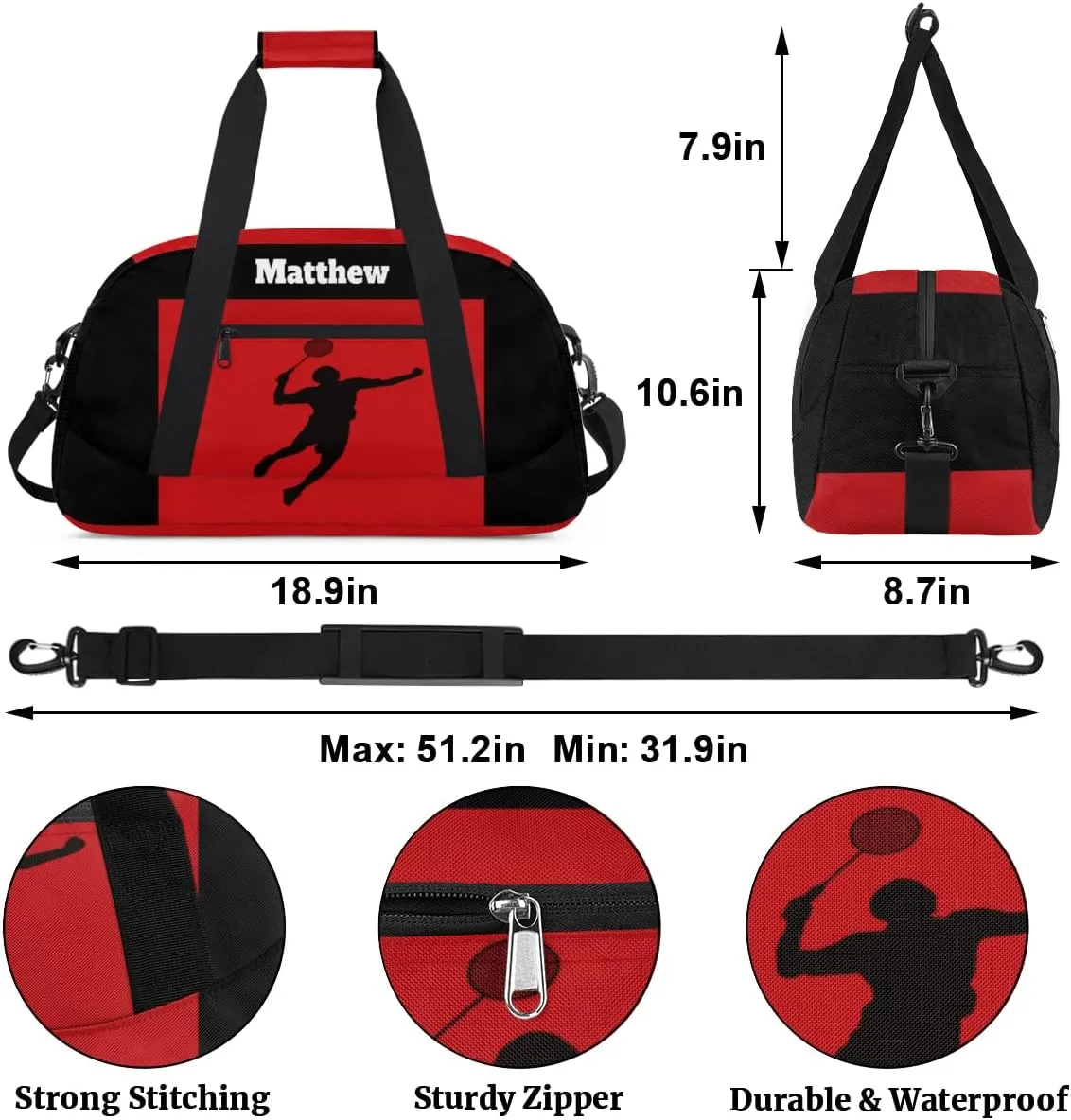 Personalized Gym Sports Bag for Boys, Custom Sport Gym Taekwondo Silhouette Cheerleading Duffel Bag Weekender Fitness Bags Travel Duffel Bag, Black Red, Badminton