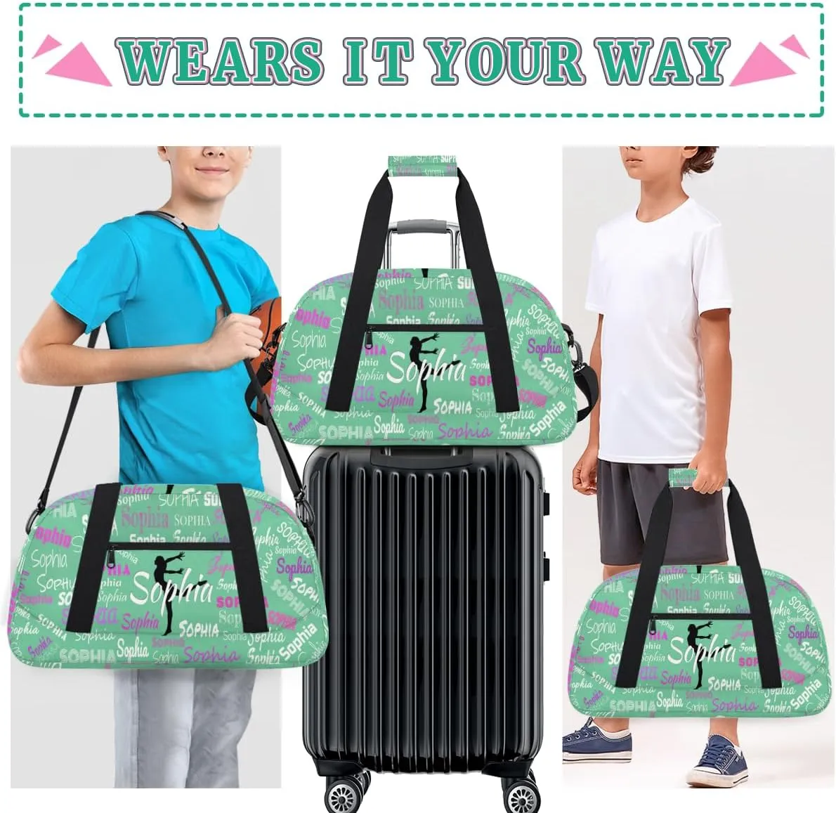 Personalized Gymnast Gym Bag for Girl, Named Sport Duffel Bag Dance Bag Customized Travel Duffle Bag with Name Overnight Weekender Bag Perform Cheer Bag, Light Grass Green Color Background