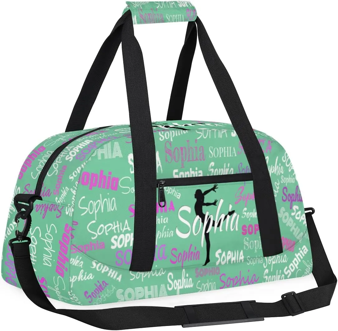 Personalized Gymnast Gym Bag for Girl, Named Sport Duffel Bag Dance Bag Customized Travel Duffle Bag with Name Overnight Weekender Bag Perform Cheer Bag, Light Grass Green Color Background