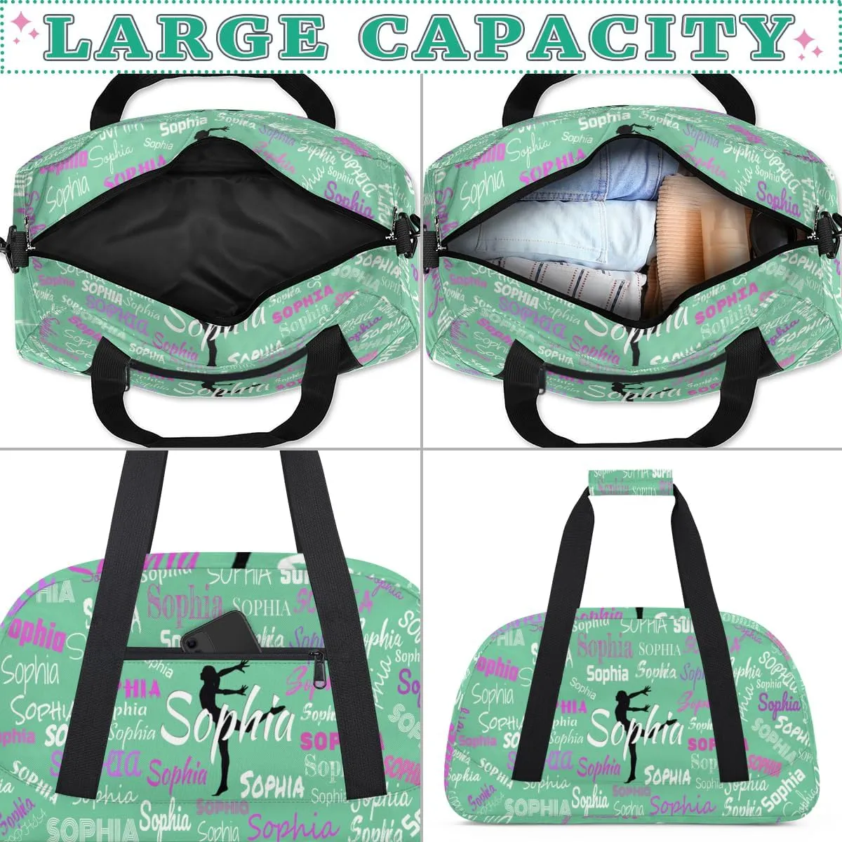 Personalized Gymnast Gym Bag for Girl, Named Sport Duffel Bag Dance Bag Customized Travel Duffle Bag with Name Overnight Weekender Bag Perform Cheer Bag, Light Grass Green Color Background