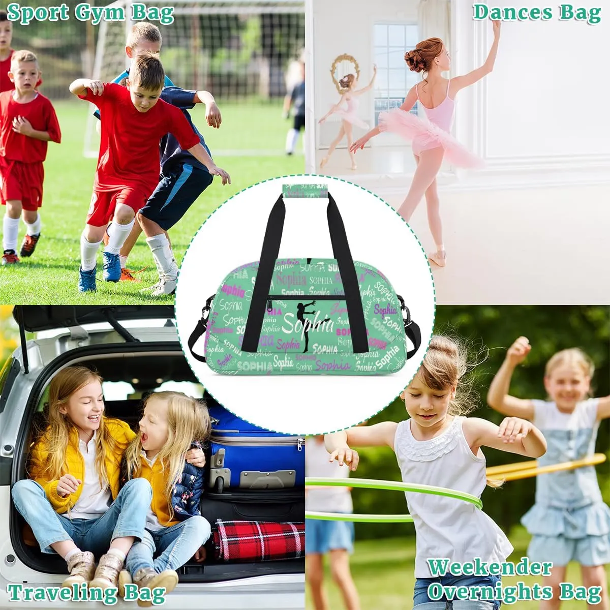 Personalized Gymnast Gym Bag for Girl, Named Sport Duffel Bag Dance Bag Customized Travel Duffle Bag with Name Overnight Weekender Bag Perform Cheer Bag, Light Grass Green Color Background