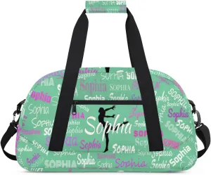 Personalized Gymnast Gym Bag for Girl, Named Sport Duffel Bag Dance Bag Customized Travel Duffle Bag with Name Overnight Weekender Bag Perform Cheer Bag, Light Grass Green Color Background