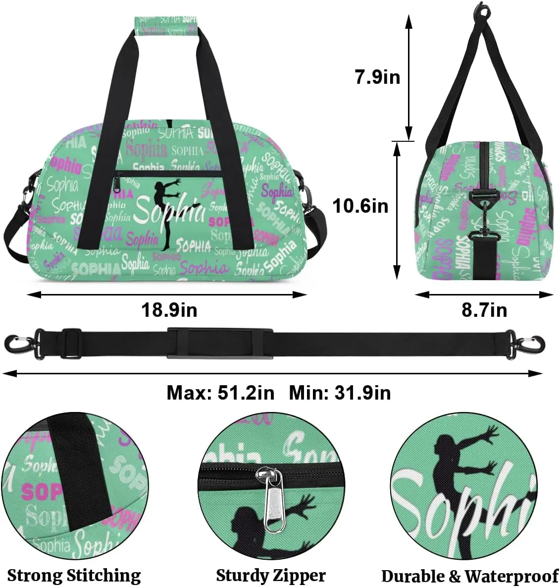 Personalized Gymnast Gym Bag for Girl, Named Sport Duffel Bag Dance Bag Customized Travel Duffle Bag with Name Overnight Weekender Bag Perform Cheer Bag, Light Grass Green Color Background