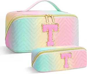 Personalized Initial Makeup Bag | Trendy Cosmetic Bags Travel Toiletry Bag for Teen Girls Women Girlfriend, mother's day/graduation/Birthday day Gifts Portable Make up Bag Leather Waterproof Organizer