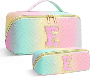 Personalized Initial Makeup Bag | Trendy Cosmetic Bags Travel Toiletry Bag for Teen Girls Women Girlfriend, mother's day/graduation/Birthday day Gifts Portable Make up Bag Leather Waterproof Organizer