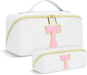 Personalized Initial Makeup Bag | Trendy Cosmetic Bags Travel Toiletry Bag for Teen Girls Women Girlfriend, mother's day/graduation/Birthday day Gifts Portable Make up Bag Leather Waterproof Organizer