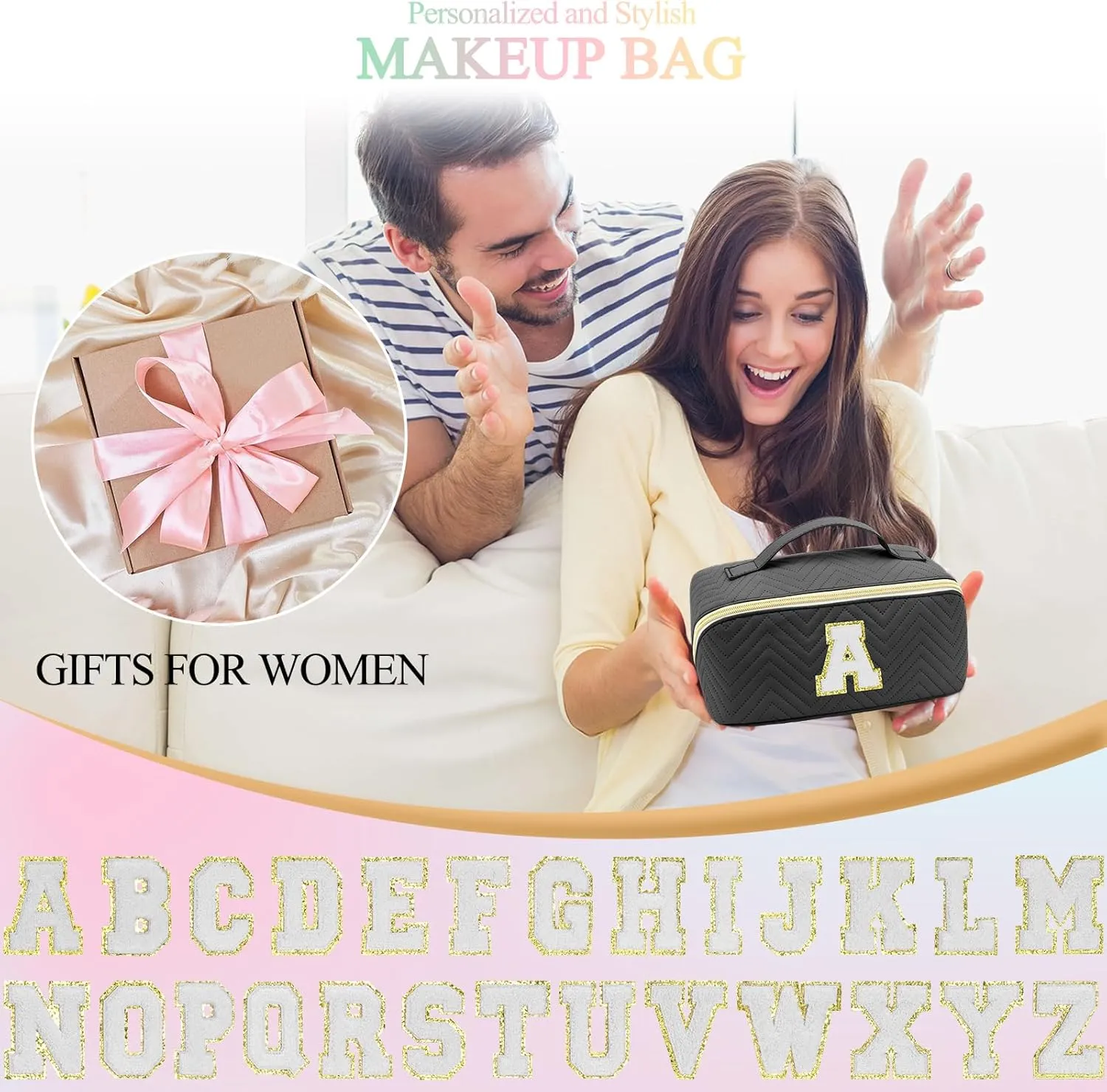 Personalized Initial Makeup Bag | Trendy Large Capacity Cosmetic Bags Travel Toiletry Bag Teen Girls Women Girlfriend Teacher Gifts, Birthday Gifts Leather Waterproof Portable Make up Bag Organizer T